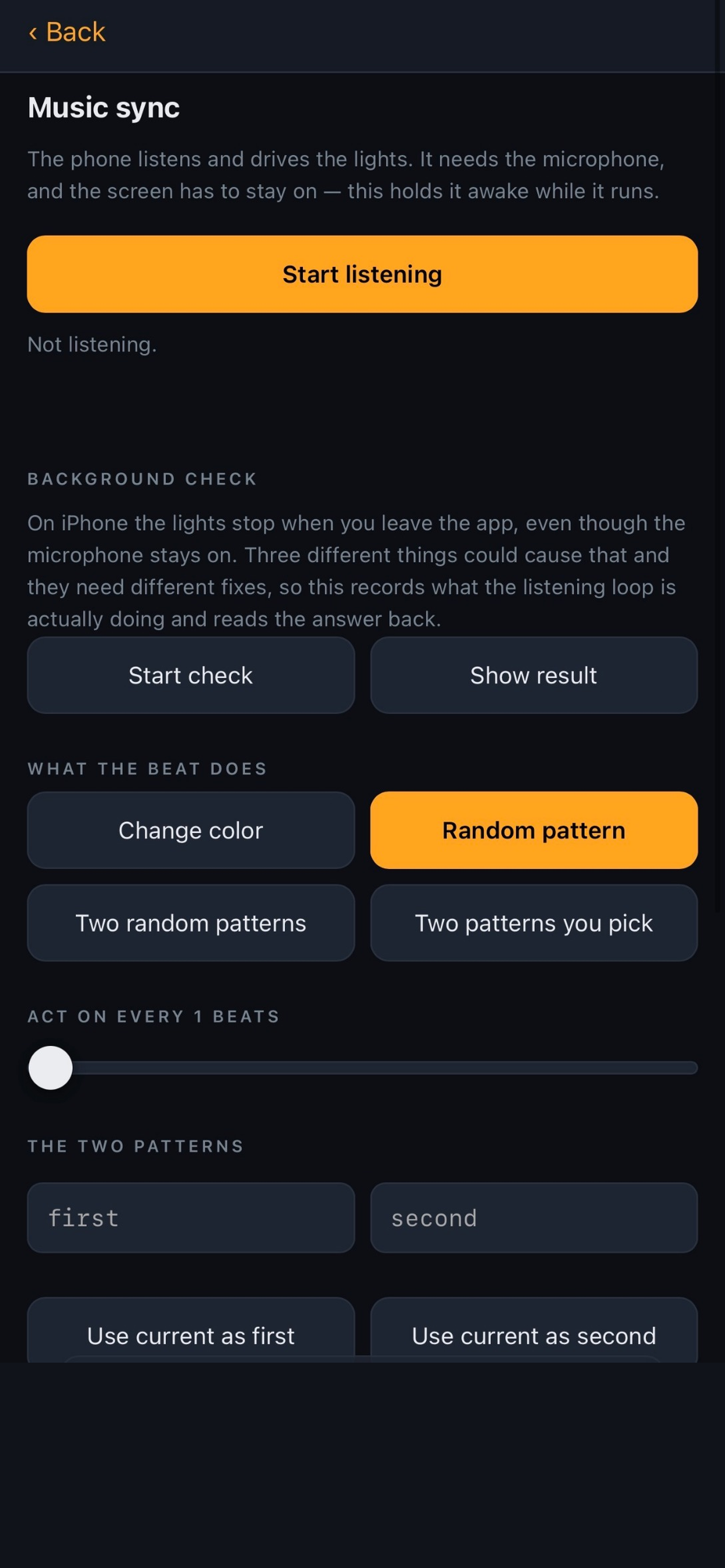 Music sync controls with four sound response options