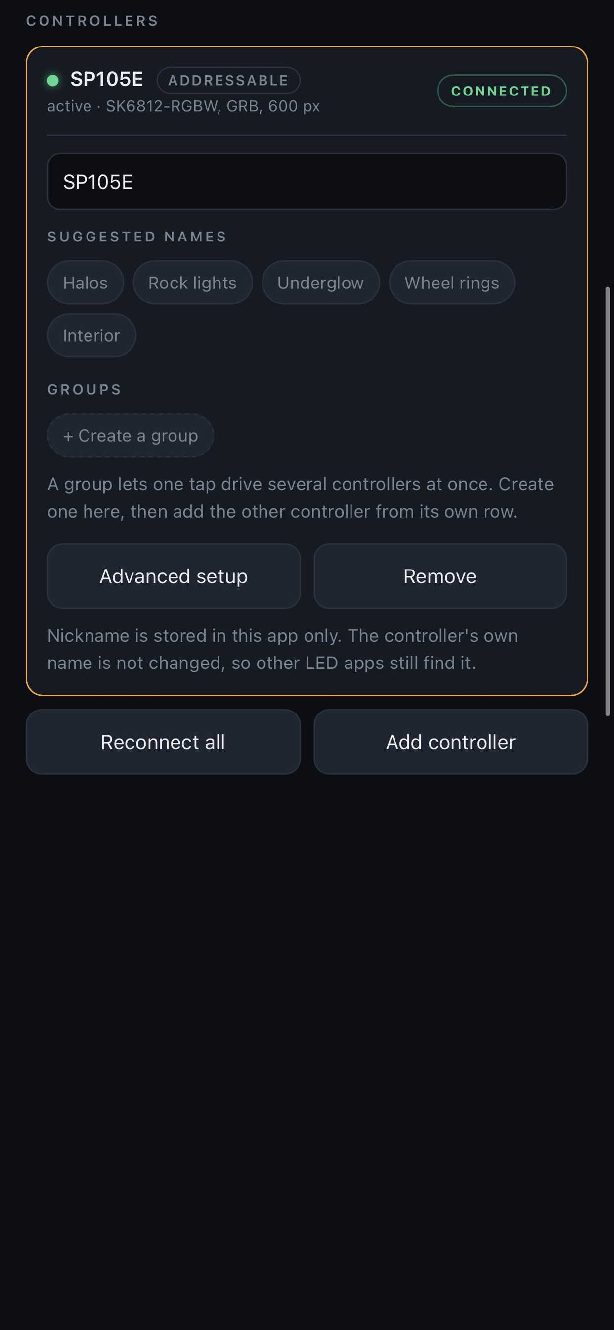ColorChase controller groups screen